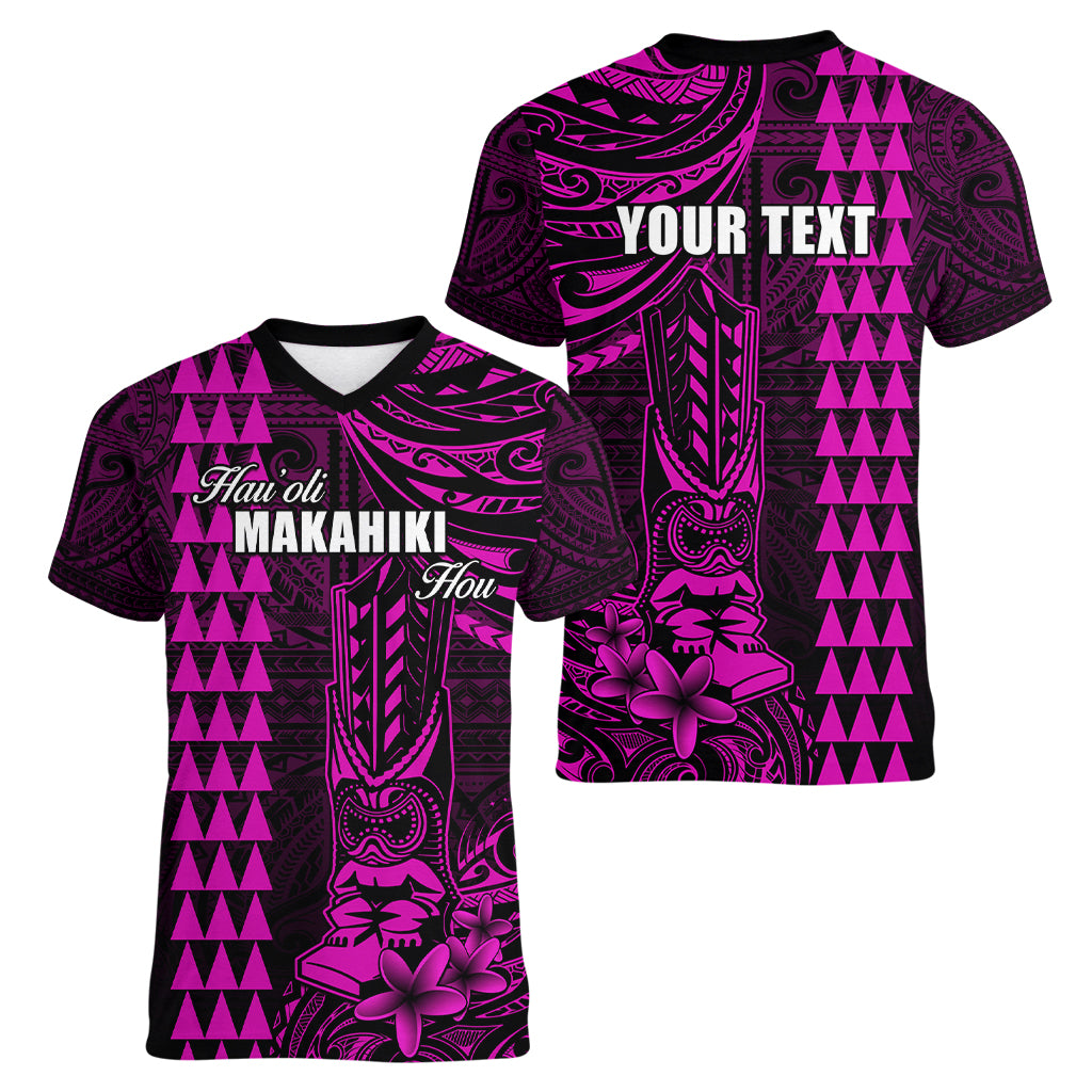 Personalized Hawaii Hauoli Makahiki Hou Women V Neck T Shirt Lono Hawaiian God Kakau Polynesian Tribal Pink LT05 - Polynesian Pride