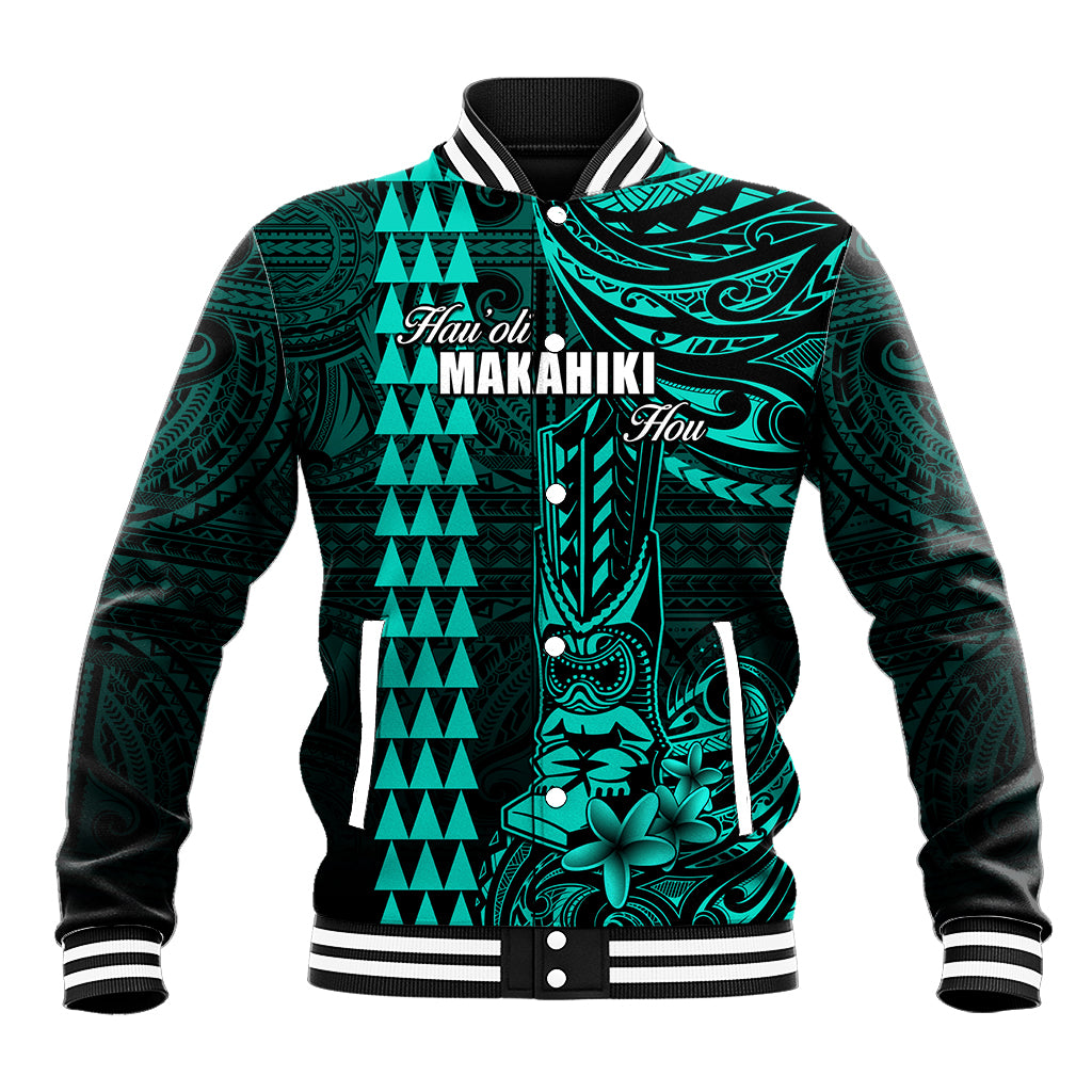 Personalized Hawaii Hauoli Makahiki Hou Baseball Jacket Lono Hawaiian God Kakau Polynesian Tribal Turquoise LT05 Unisex Turquoise - Polynesian Pride