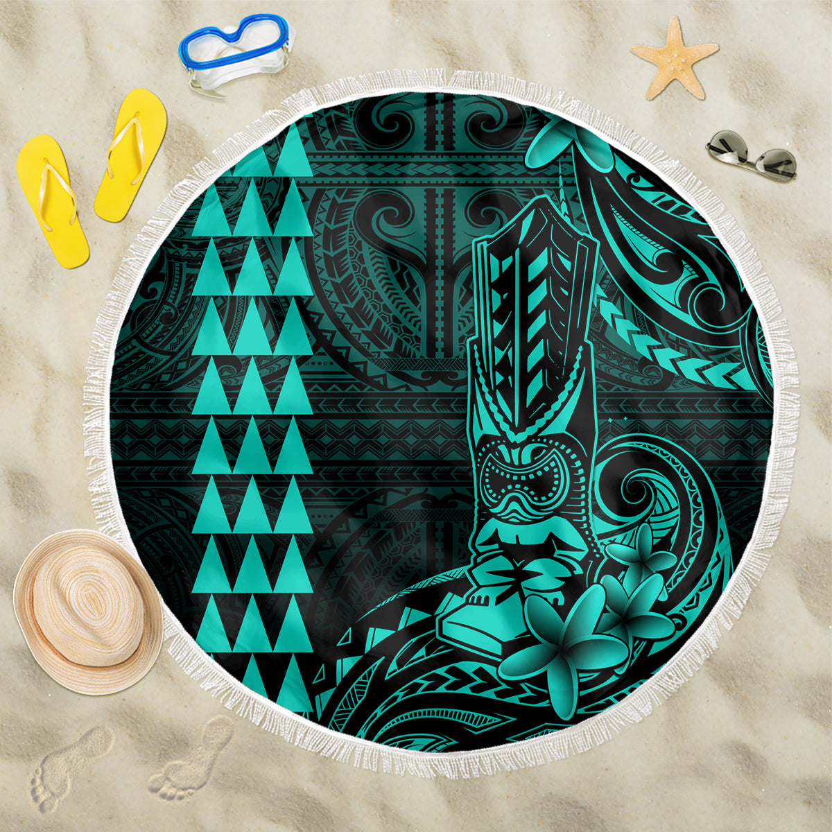 Hawaii Hauoli Makahiki Hou Beach Blanket Lono Hawaiian God Kakau Polynesian Tribal Turquoise LT05 One Size 150cm Turquoise - Wonder Print Shop