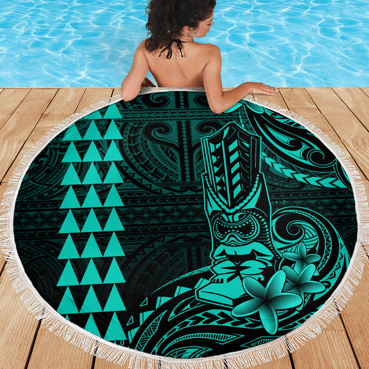 Hawaii Hauoli Makahiki Hou Beach Blanket Lono Hawaiian God Kakau Polynesian Tribal Turquoise LT05 - Wonder Print Shop