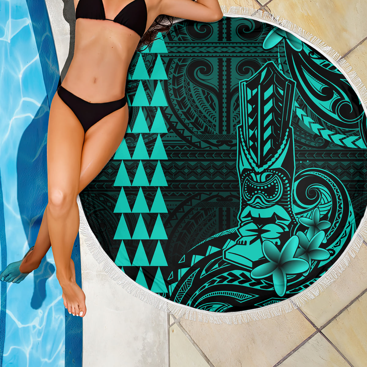Hawaii Hauoli Makahiki Hou Beach Blanket Lono Hawaiian God Kakau Polynesian Tribal Turquoise LT05 - Wonder Print Shop
