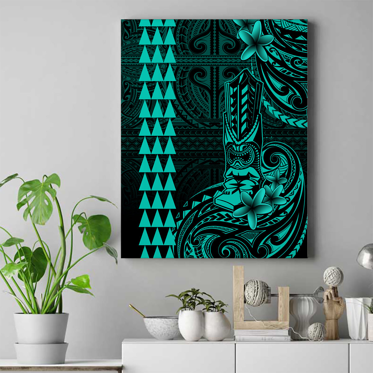 Hawaii Hauoli Makahiki Hou Canvas Wall Art Lono Hawaiian God Kakau Polynesian Tribal Turquoise LT05 Turquoise - Polynesian Pride