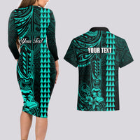 Personalized Hawaii Hauoli Makahiki Hou Couples Matching Long Sleeve Bodycon Dress and Hawaiian Shirt Lono Hawaiian God Kakau Polynesian Tribal Turquoise LT05 - Polynesian Pride