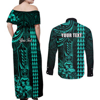 Personalized Hawaii Hauoli Makahiki Hou Couples Matching Off Shoulder Maxi Dress and Long Sleeve Button Shirts Lono Hawaiian God Kakau Polynesian Tribal Turquoise LT05 - Polynesian Pride