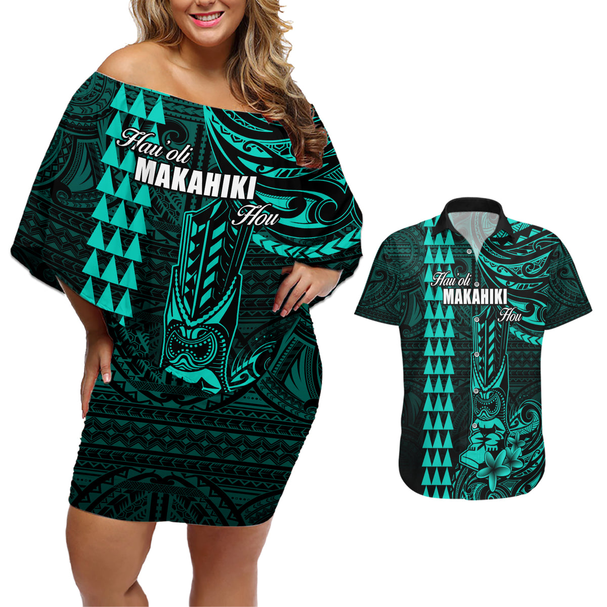 Personalized Hawaii Hauoli Makahiki Hou Couples Matching Off Shoulder Short Dress and Hawaiian Shirt Lono Hawaiian God Kakau Polynesian Tribal Turquoise LT05 Turquoise - Polynesian Pride