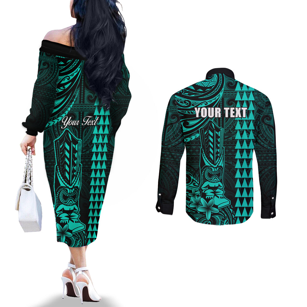 Personalized Hawaii Hauoli Makahiki Hou Couples Matching Off The Shoulder Long Sleeve Dress and Long Sleeve Button Shirts Lono Hawaiian God Kakau Polynesian Tribal Turquoise LT05 - Polynesian Pride