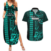 Personalized Hawaii Hauoli Makahiki Hou Couples Matching Summer Maxi Dress and Hawaiian Shirt Lono Hawaiian God Kakau Polynesian Tribal Turquoise LT05 Turquoise - Polynesian Pride