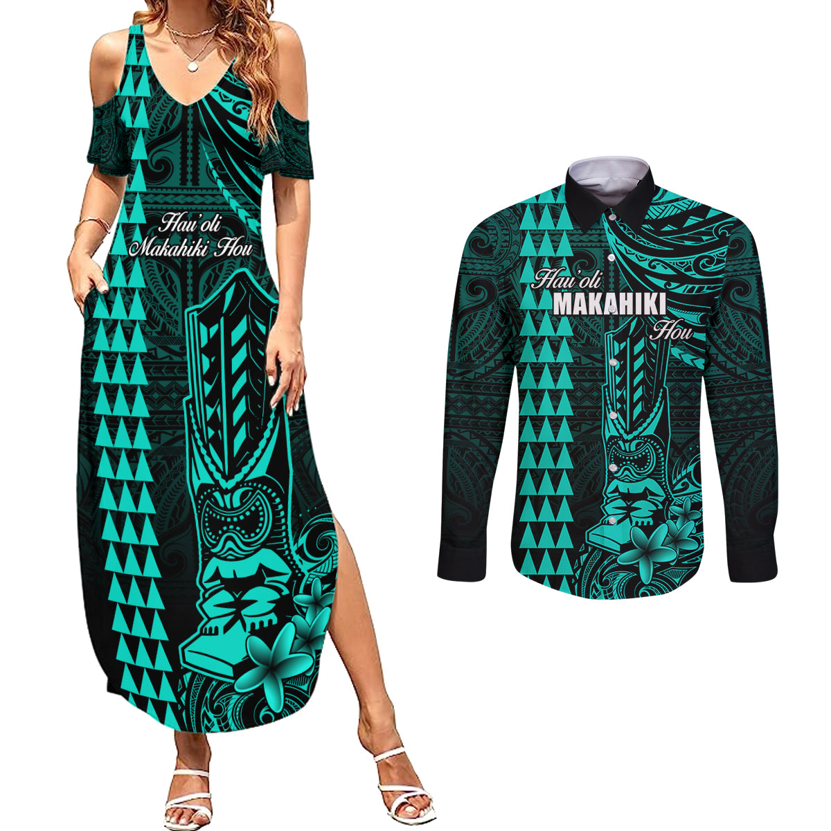 Personalized Hawaii Hauoli Makahiki Hou Couples Matching Summer Maxi Dress and Long Sleeve Button Shirts Lono Hawaiian God Kakau Polynesian Tribal Turquoise LT05 Turquoise - Polynesian Pride