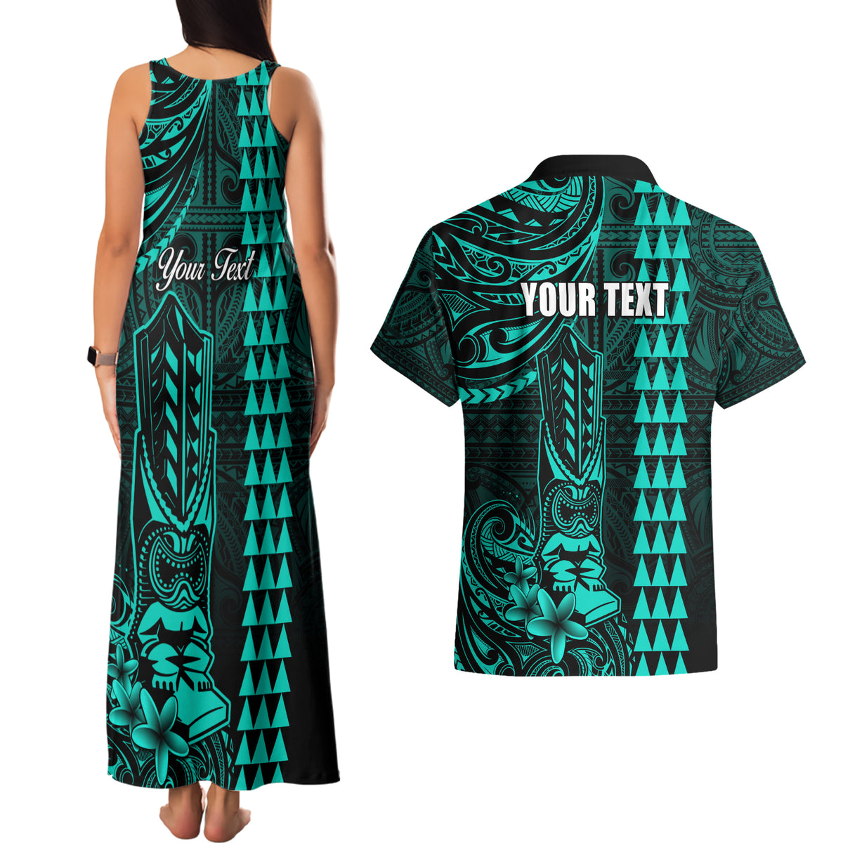 Personalized Hawaii Hauoli Makahiki Hou Couples Matching Tank Maxi Dress and Hawaiian Shirt Lono Hawaiian God Kakau Polynesian Tribal Turquoise LT05 - Polynesian Pride