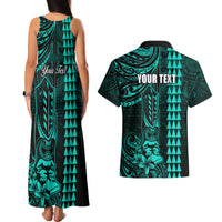 Personalized Hawaii Hauoli Makahiki Hou Couples Matching Tank Maxi Dress and Hawaiian Shirt Lono Hawaiian God Kakau Polynesian Tribal Turquoise LT05 - Polynesian Pride