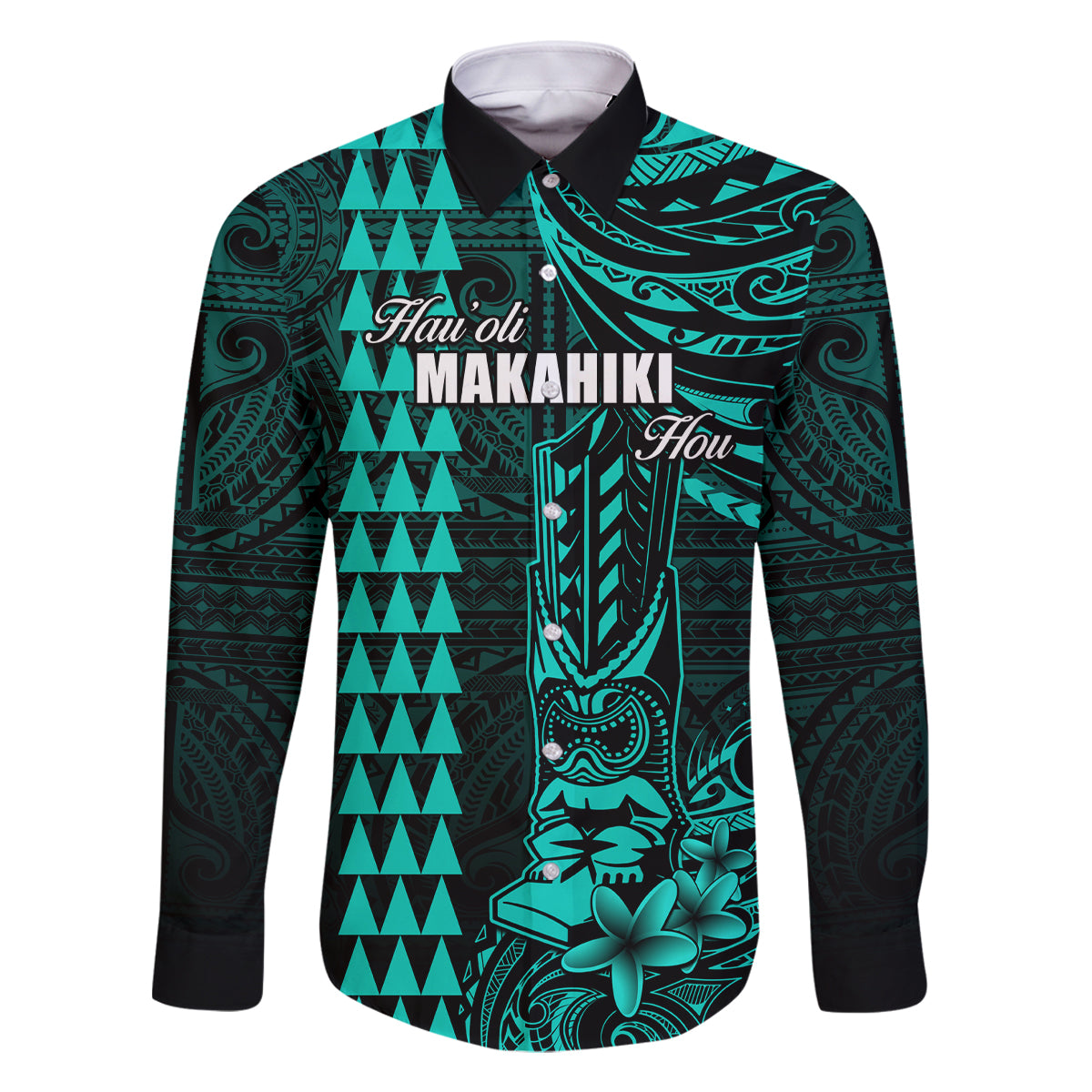 Personalized Hawaii Hauoli Makahiki Hou Family Matching Mermaid Dress and Hawaiian Shirt Lono Hawaiian God Kakau Polynesian Tribal Turquoise LT05 Dad's Shirt - Long Sleeve Turquoise - Polynesian Pride