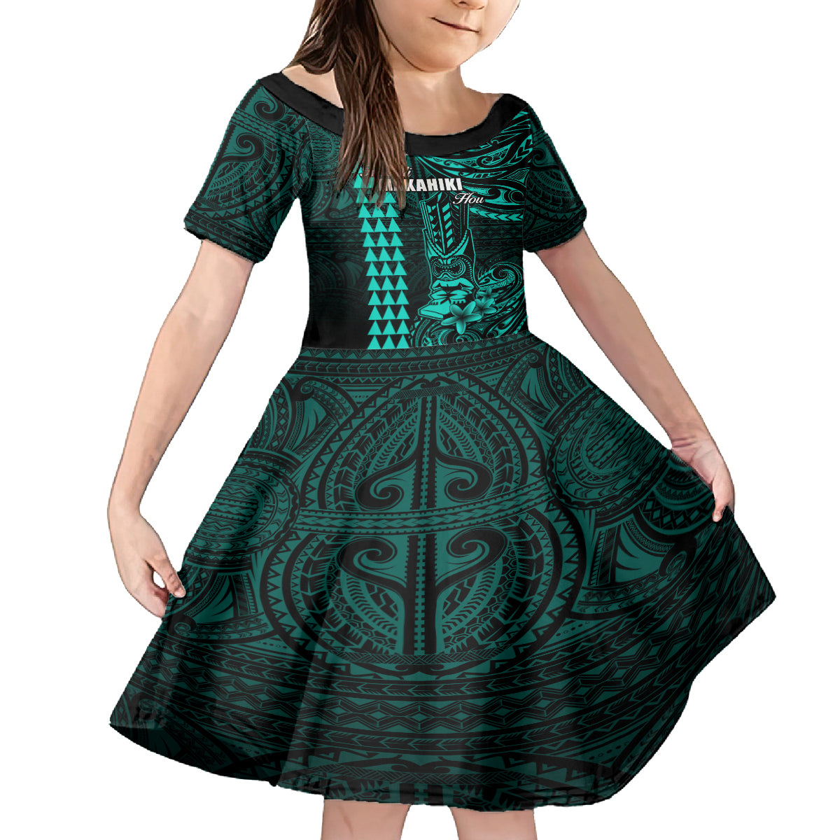 Personalized Hawaii Hauoli Makahiki Hou Kid Short Sleeve Dress Lono Hawaiian God Kakau Polynesian Tribal Turquoise LT05 KID Turquoise - Polynesian Pride
