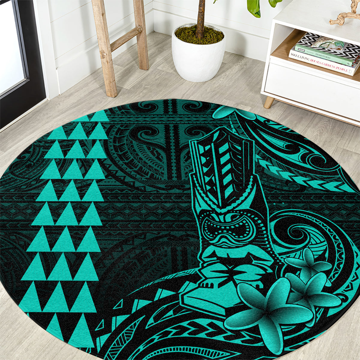 Hawaii Hauoli Makahiki Hou Round Carpet Lono Hawaiian God Kakau Polynesian Tribal Turquoise LT05 Turquoise - Polynesian Pride