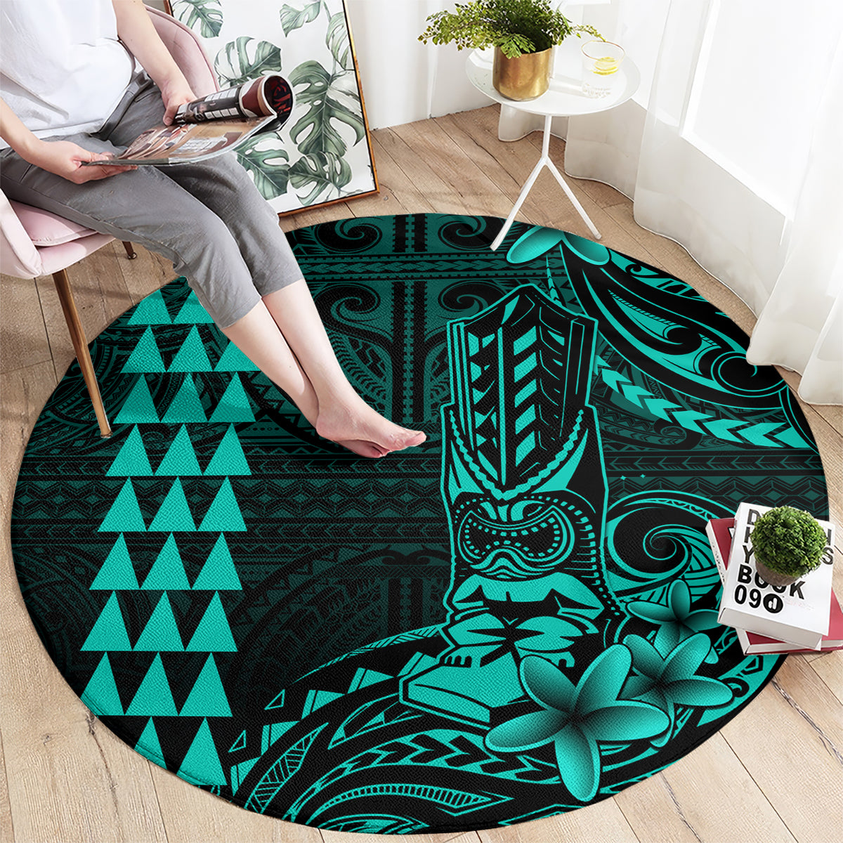 Hawaii Hauoli Makahiki Hou Round Carpet Lono Hawaiian God Kakau Polynesian Tribal Turquoise LT05 - Polynesian Pride