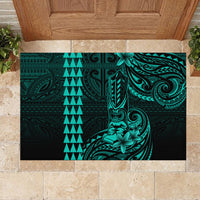 Hawaii Hauoli Makahiki Hou Rubber Doormat Lono Hawaiian God Kakau Polynesian Tribal Turquoise LT05 - Polynesian Pride