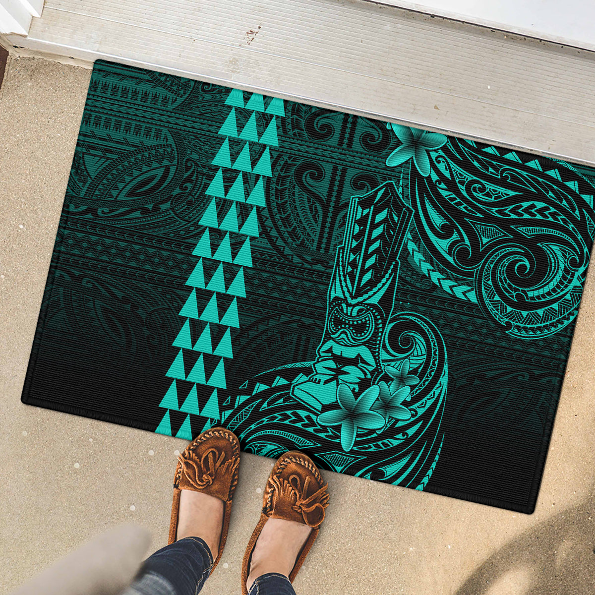 Hawaii Hauoli Makahiki Hou Rubber Doormat Lono Hawaiian God Kakau Polynesian Tribal Turquoise LT05 - Polynesian Pride