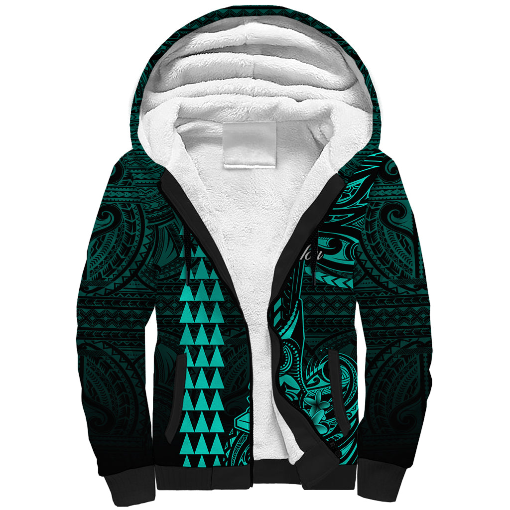 Personalized Hawaii Hauoli Makahiki Hou Sherpa Hoodie Lono Hawaiian God Kakau Polynesian Tribal Turquoise LT05 Unisex Turquoise - Polynesian Pride