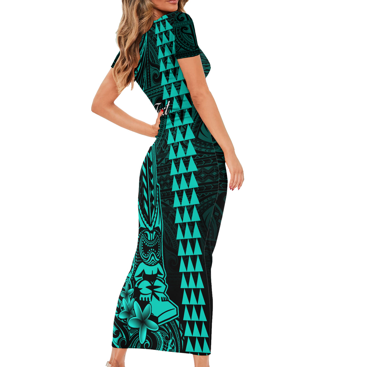 Personalized Hawaii Hauoli Makahiki Hou Short Sleeve Bodycon Dress Lono Hawaiian God Kakau Polynesian Tribal Turquoise LT05 - Polynesian Pride