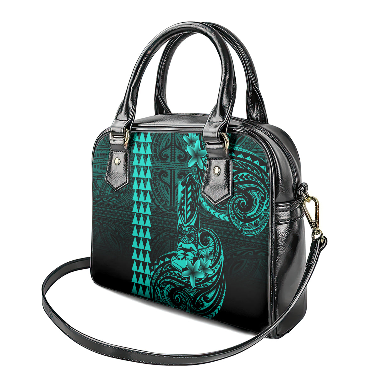 Hawaii Hauoli Makahiki Hou Shoulder Handbag Lono Hawaiian God Kakau Polynesian Tribal Turquoise LT05 - Polynesian Pride