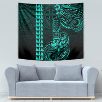 Hawaii Hauoli Makahiki Hou Tapestry Lono Hawaiian God Kakau Polynesian Tribal Turquoise LT05 - Polynesian Pride