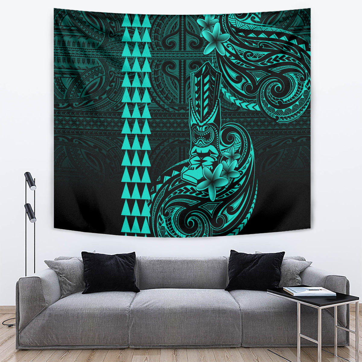 Hawaii Hauoli Makahiki Hou Tapestry Lono Hawaiian God Kakau Polynesian Tribal Turquoise LT05 - Polynesian Pride