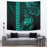 Hawaii Hauoli Makahiki Hou Tapestry Lono Hawaiian God Kakau Polynesian Tribal Turquoise LT05 - Polynesian Pride