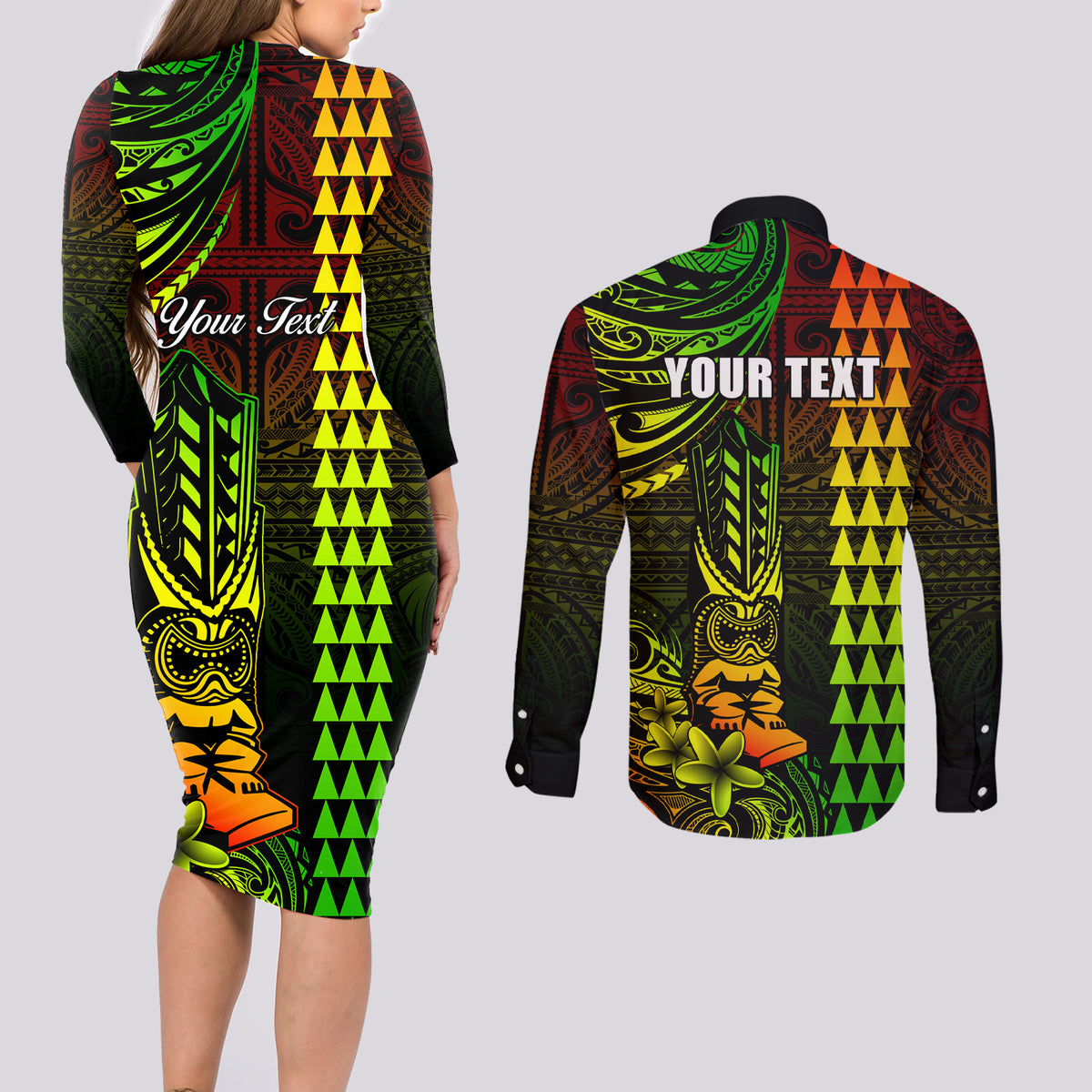 Personalized Hawaii Hauoli Makahiki Hou Couples Matching Long Sleeve Bodycon Dress and Long Sleeve Button Shirts Lono Hawaiian God Kakau Polynesian Tribal Reggae LT05 - Polynesian Pride