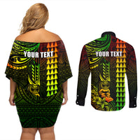 Personalized Hawaii Hauoli Makahiki Hou Couples Matching Off Shoulder Short Dress and Long Sleeve Button Shirts Lono Hawaiian God Kakau Polynesian Tribal Reggae LT05 - Polynesian Pride
