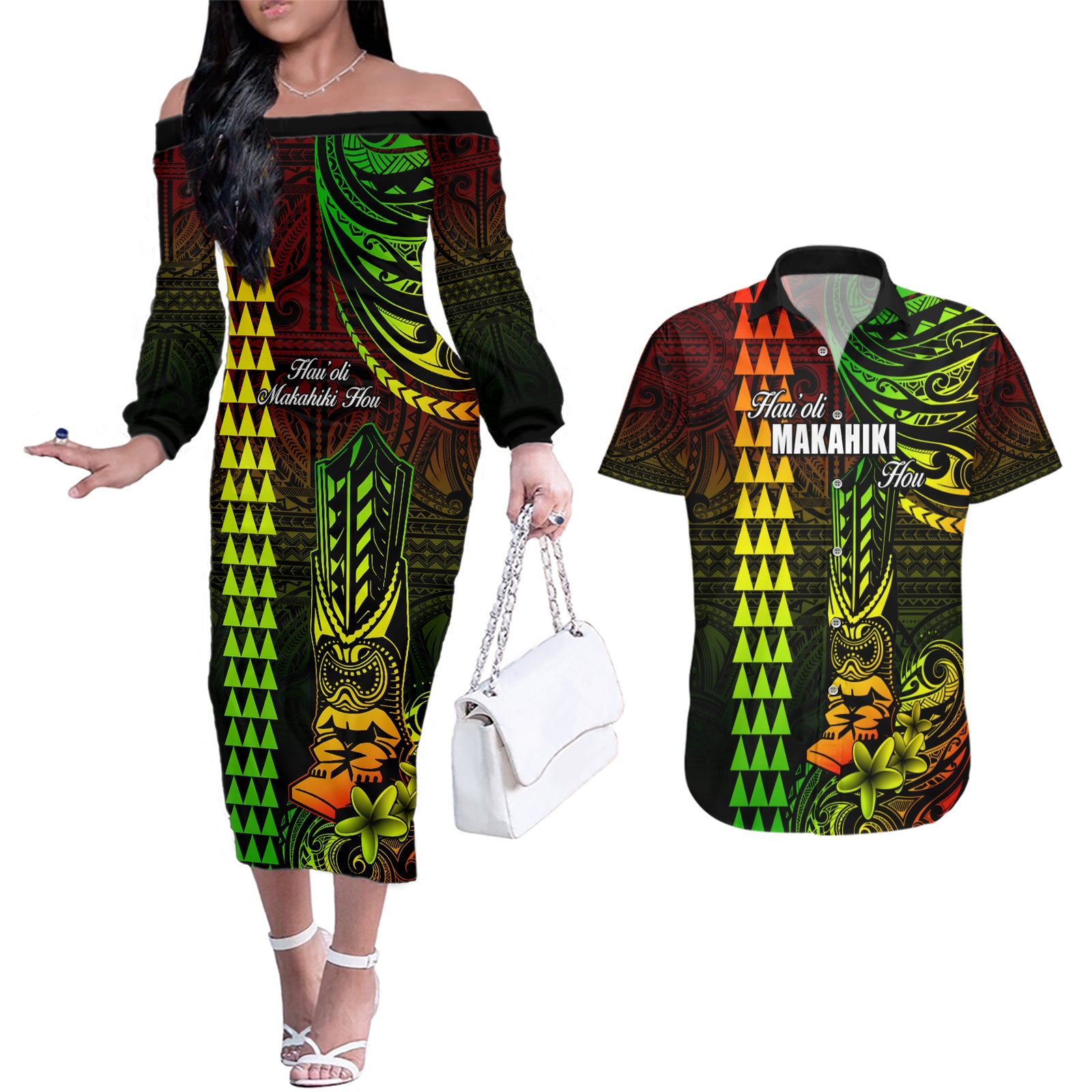 Personalized Hawaii Hauoli Makahiki Hou Couples Matching Off The Shoulder Long Sleeve Dress and Hawaiian Shirt Lono Hawaiian God Kakau Polynesian Tribal Reggae LT05 Reggae - Polynesian Pride