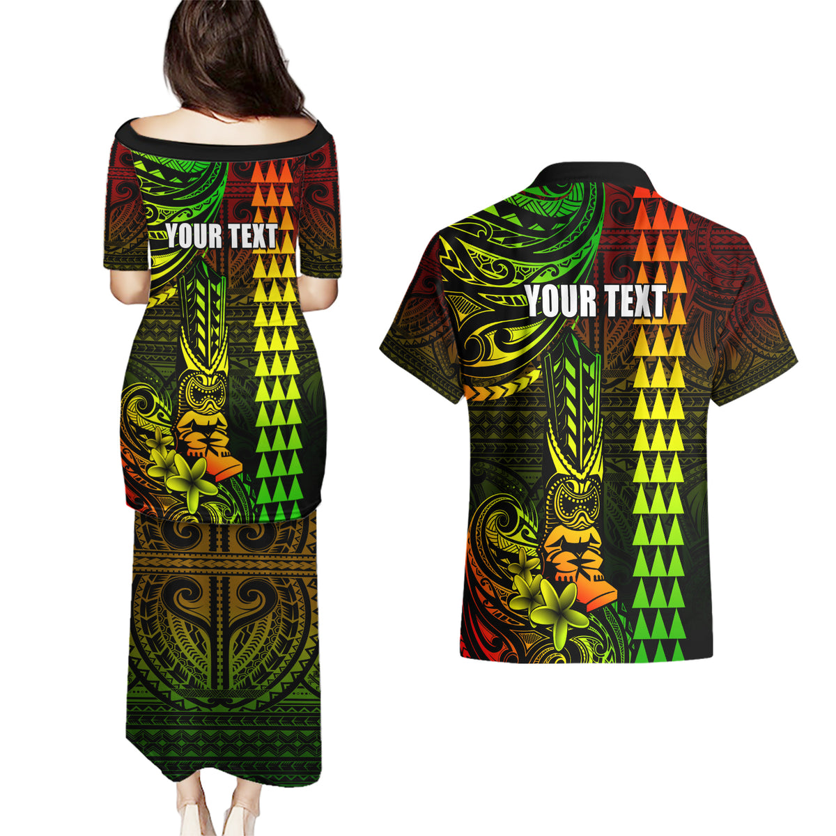 Personalized Hawaii Hauoli Makahiki Hou Couples Matching Puletasi Dress and Hawaiian Shirt Lono Hawaiian God Kakau Polynesian Tribal Reggae LT05 - Polynesian Pride