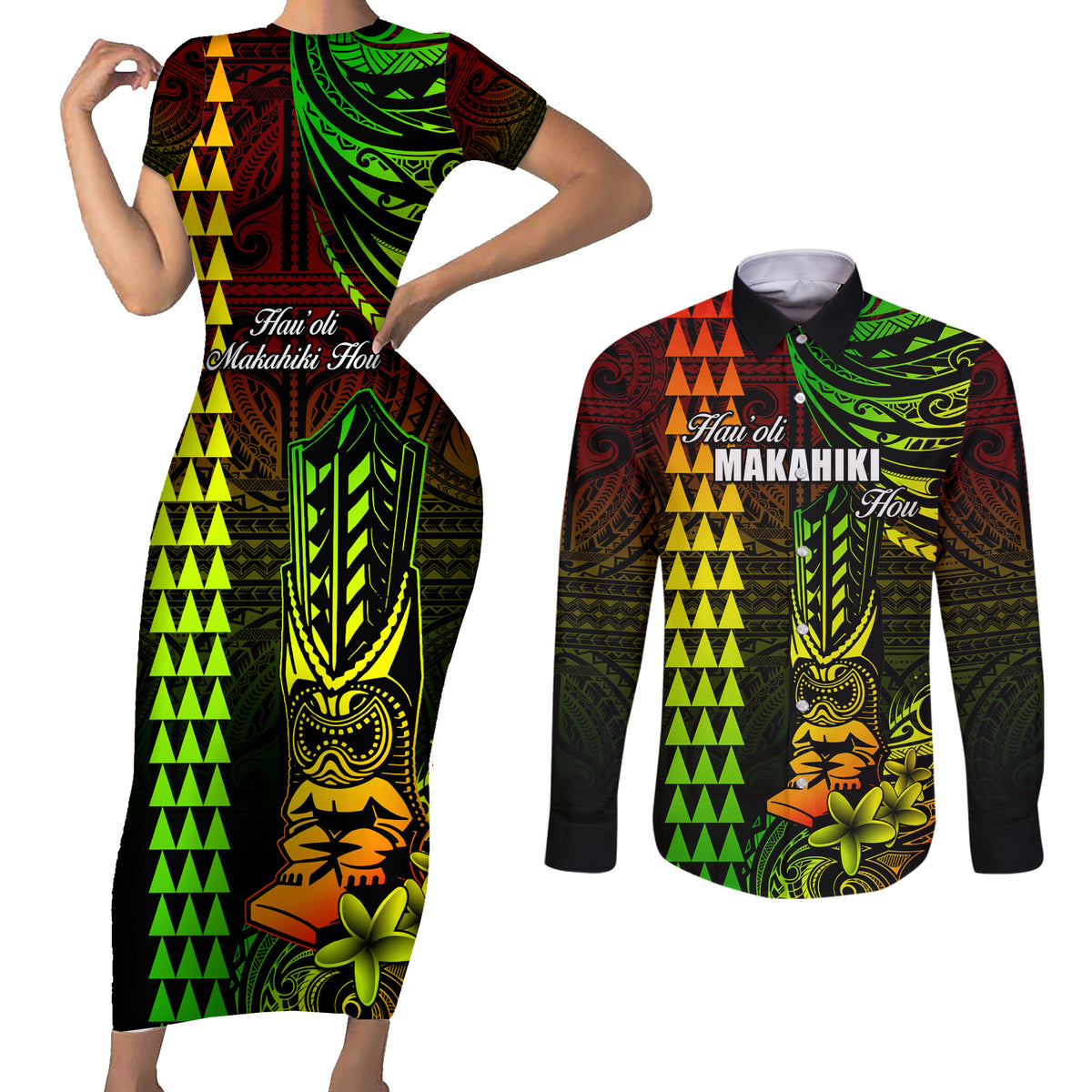 Personalized Hawaii Hauoli Makahiki Hou Couples Matching Short Sleeve Bodycon Dress and Long Sleeve Button Shirts Lono Hawaiian God Kakau Polynesian Tribal Reggae LT05 Reggae - Polynesian Pride