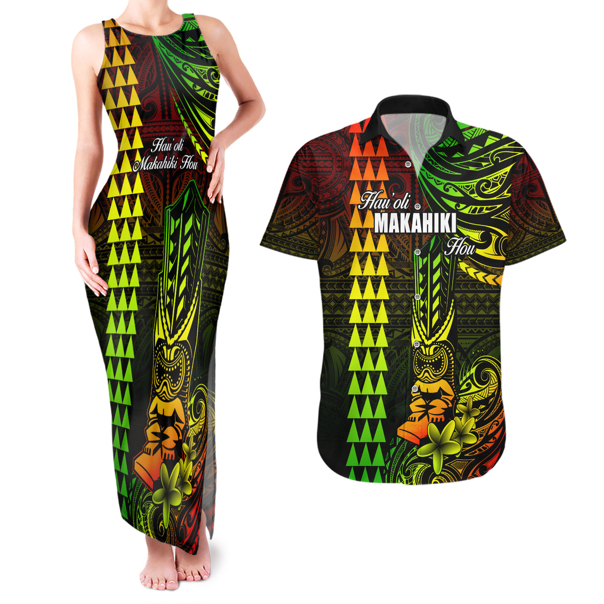 Personalized Hawaii Hauoli Makahiki Hou Couples Matching Tank Maxi Dress and Hawaiian Shirt Lono Hawaiian God Kakau Polynesian Tribal Reggae LT05 Reggae - Polynesian Pride