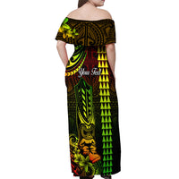 Personalized Hawaii Hauoli Makahiki Hou Off Shoulder Maxi Dress Lono Hawaiian God Kakau Polynesian Tribal Reggae LT05 - Polynesian Pride