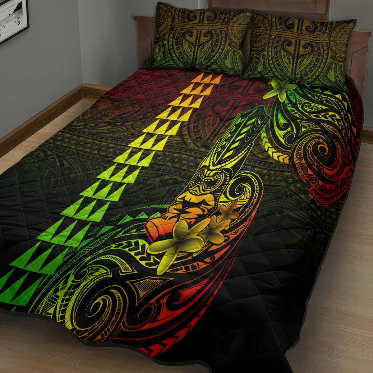 Hawaii Hauoli Makahiki Hou Quilt Bed Set Lono Hawaiian God Kakau Polynesian Tribal Reggae LT05 - Polynesian Pride