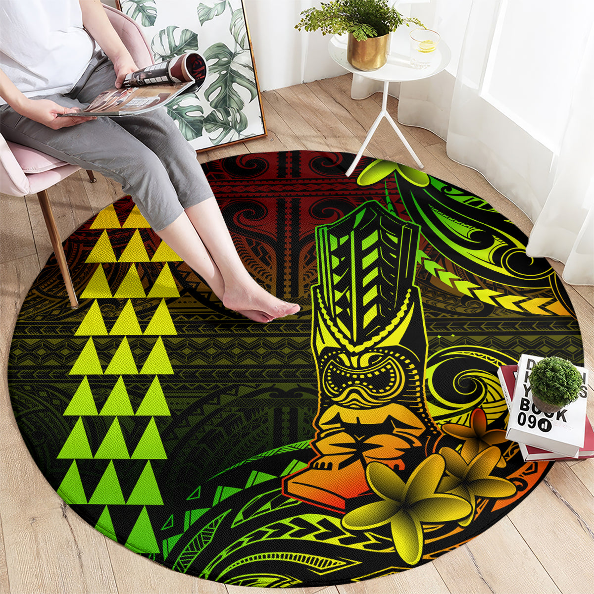 Hawaii Hauoli Makahiki Hou Round Carpet Lono Hawaiian God Kakau Polynesian Tribal Reggae LT05 - Polynesian Pride
