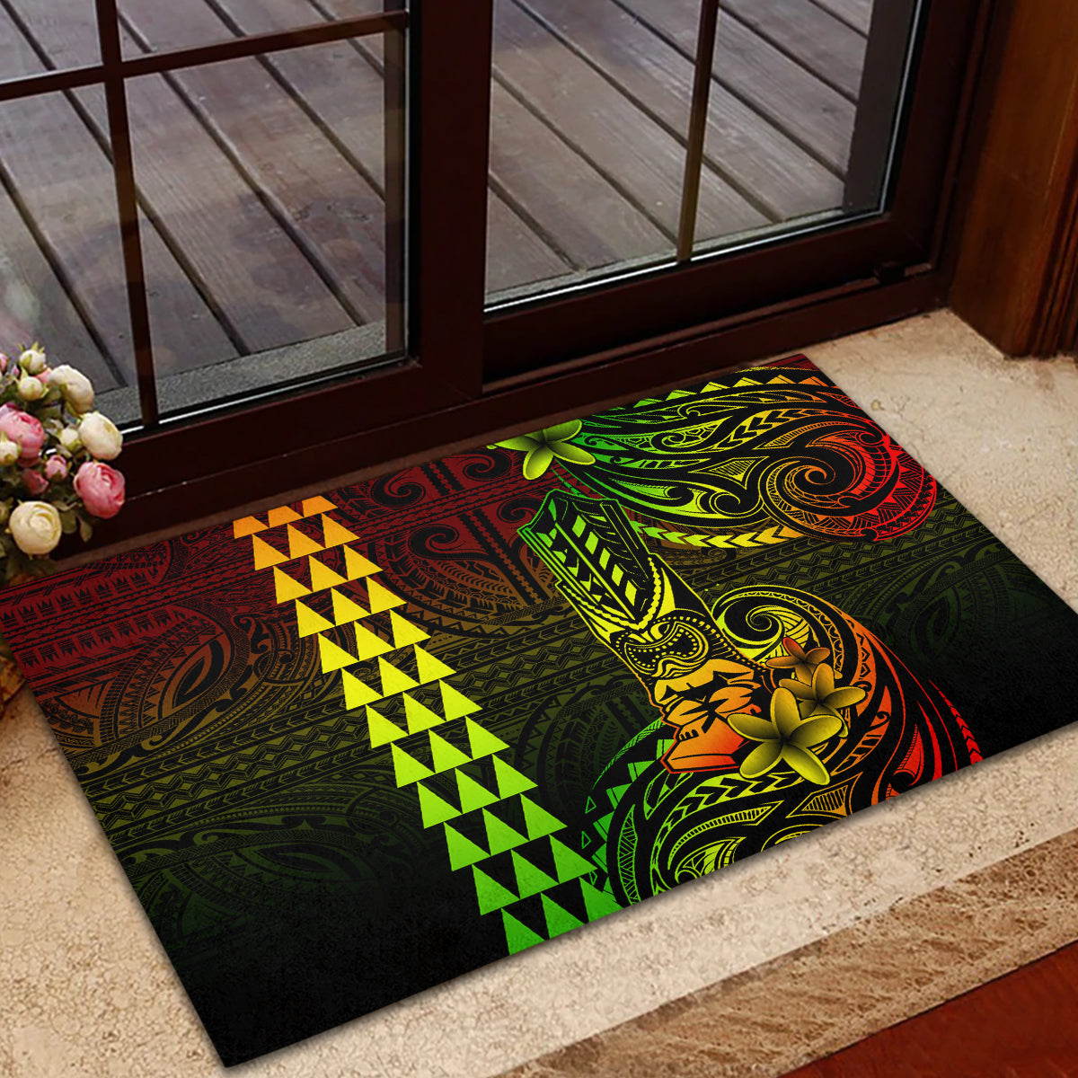 Hawaii Hauoli Makahiki Hou Rubber Doormat Lono Hawaiian God Kakau Polynesian Tribal Reggae LT05 - Polynesian Pride