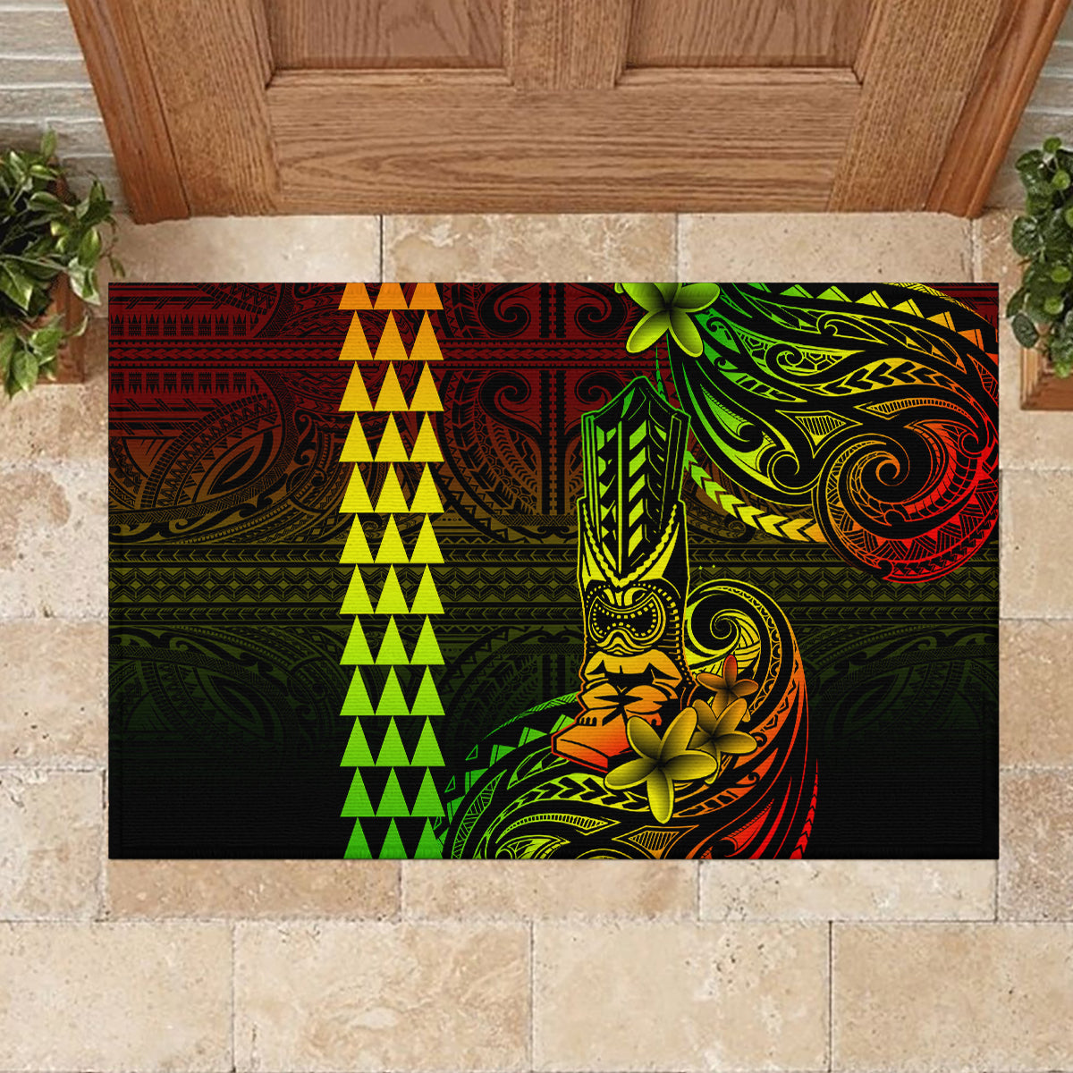 Hawaii Hauoli Makahiki Hou Rubber Doormat Lono Hawaiian God Kakau Polynesian Tribal Reggae LT05 - Polynesian Pride