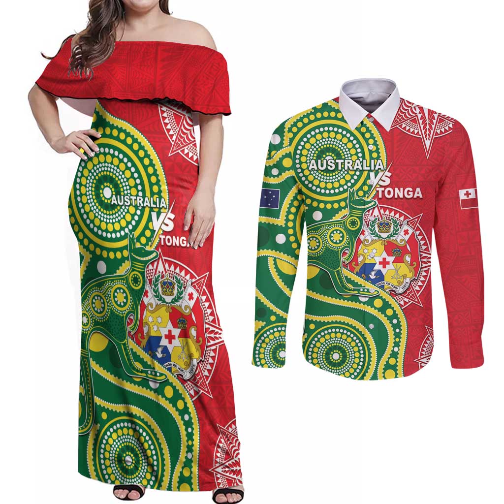 Custom Tonga Australia Rugby Couples Matching Off Shoulder Maxi Dress and Long Sleeve Button Shirt Kangaroos And Tonga Mate Maa Together LT05 Green - Polynesian Pride