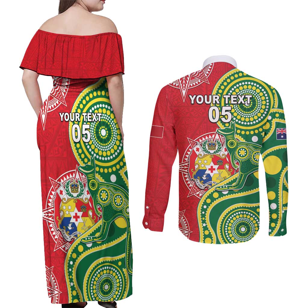 Custom Tonga Australia Rugby Couples Matching Off Shoulder Maxi Dress and Long Sleeve Button Shirt Kangaroos And Tonga Mate Maa Together LT05 - Polynesian Pride