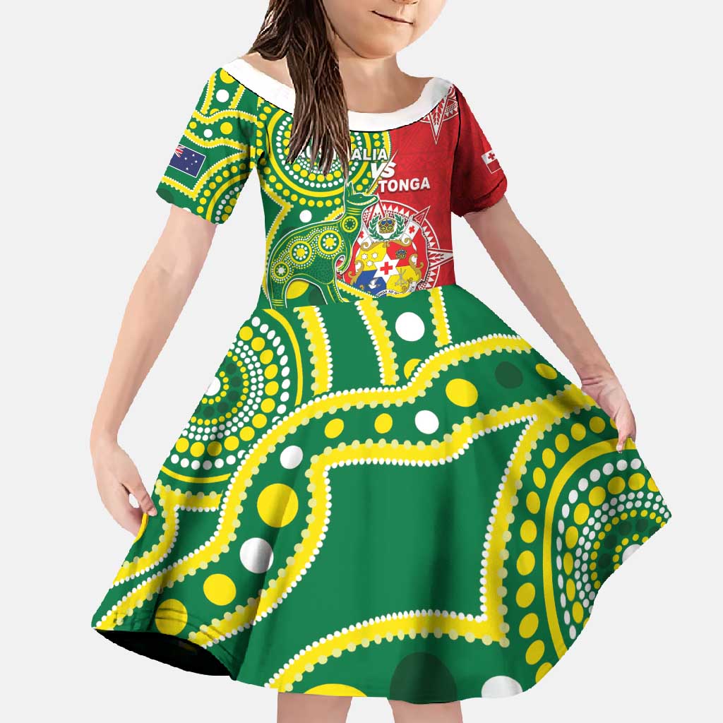 Custom Tonga Australia Rugby Family Matching Mermaid Dress and Hawaiian Shirt Kangaroos And Tonga Mate Maa Together LT05 Daughter's Dress Green - Polynesian Pride