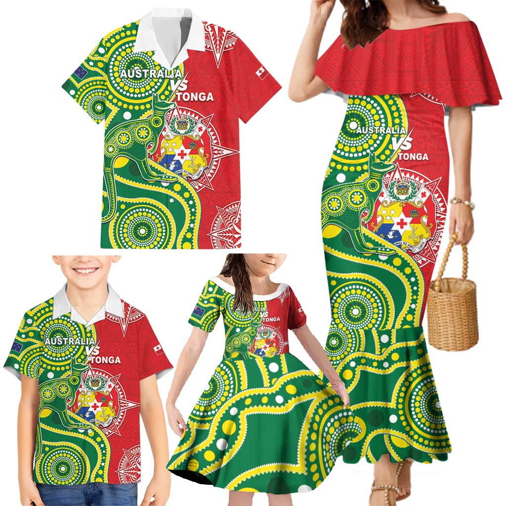 Custom Tonga Australia Rugby Family Matching Mermaid Dress and Hawaiian Shirt Kangaroos And Tonga Mate Maa Together
