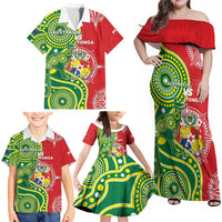 Custom Tonga Australia Rugby Family Matching Off Shoulder Maxi Dress and Hawaiian Shirt Kangaroos And Tonga Mate Maa Together