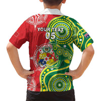 Custom Tonga Australia Rugby Family Matching Short Sleeve Bodycon Dress and Hawaiian Shirt Kangaroos And Tonga Mate Maa Together LT05 - Polynesian Pride