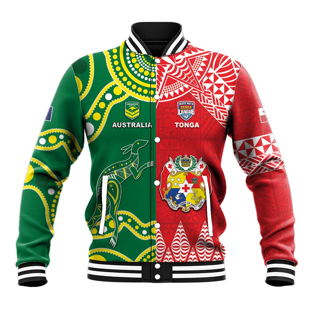 Custom Tonga XIII And Australia Kangaroos Baseball Jacket Mate Maa Tongan Ngatu With Aboriginal