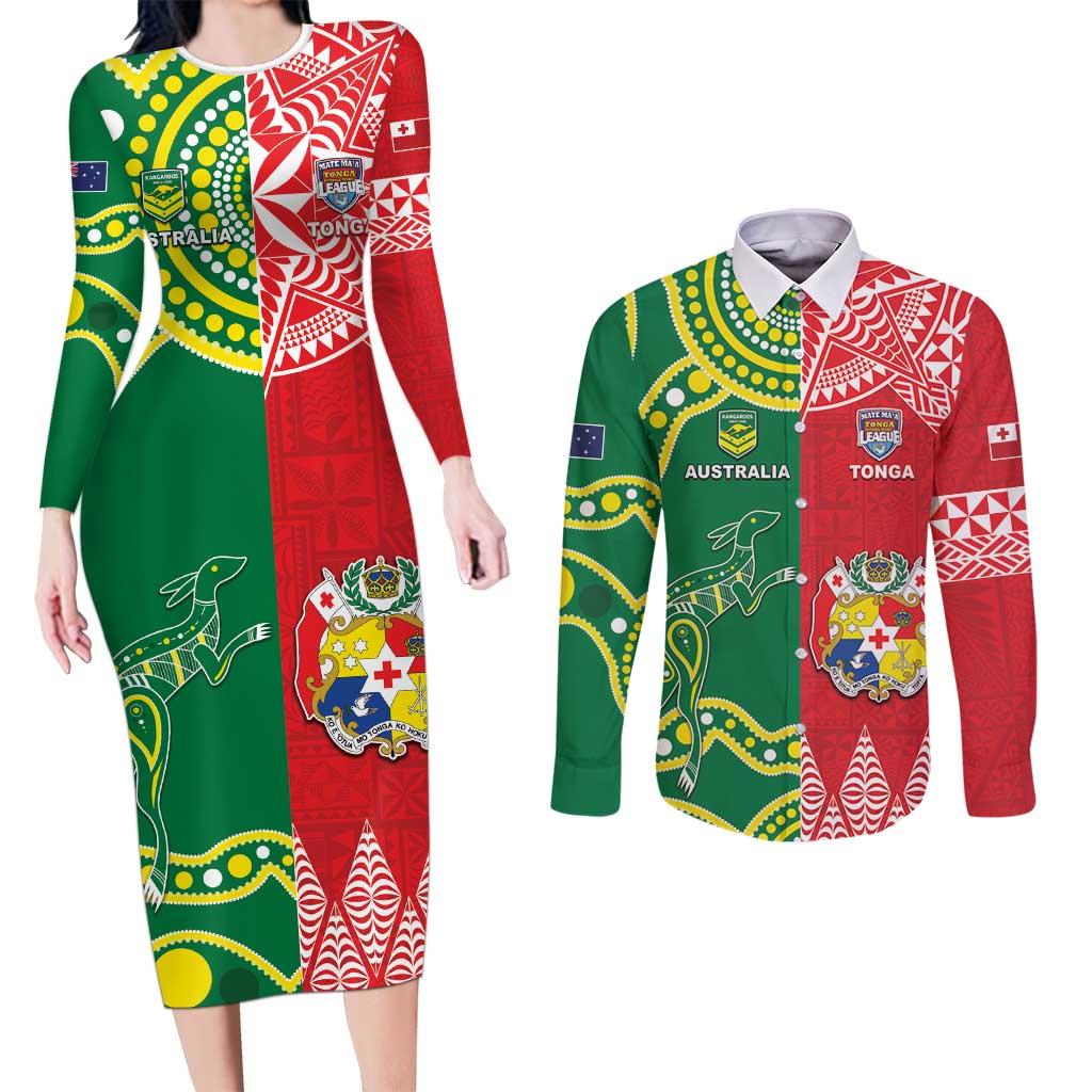 Custom Tonga XIII And Australia Kangaroos Couples Matching Long Sleeve Bodycon Dress and Long Sleeve Button Shirt Mate Maa Tongan Ngatu With Aboriginal