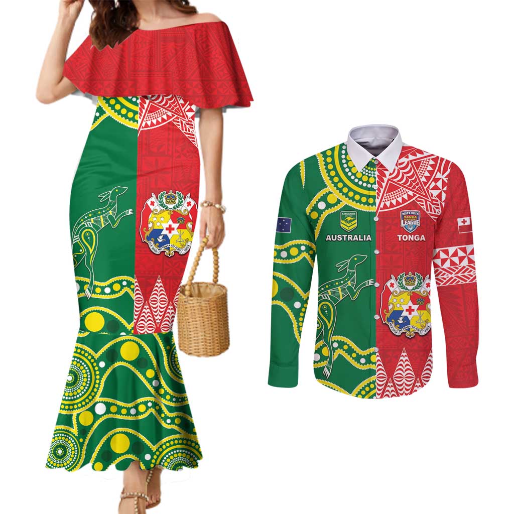 Custom Tonga XIII And Australia Kangaroos Couples Matching Mermaid Dress and Long Sleeve Button Shirt Mate Maa Tongan Ngatu With Aboriginal