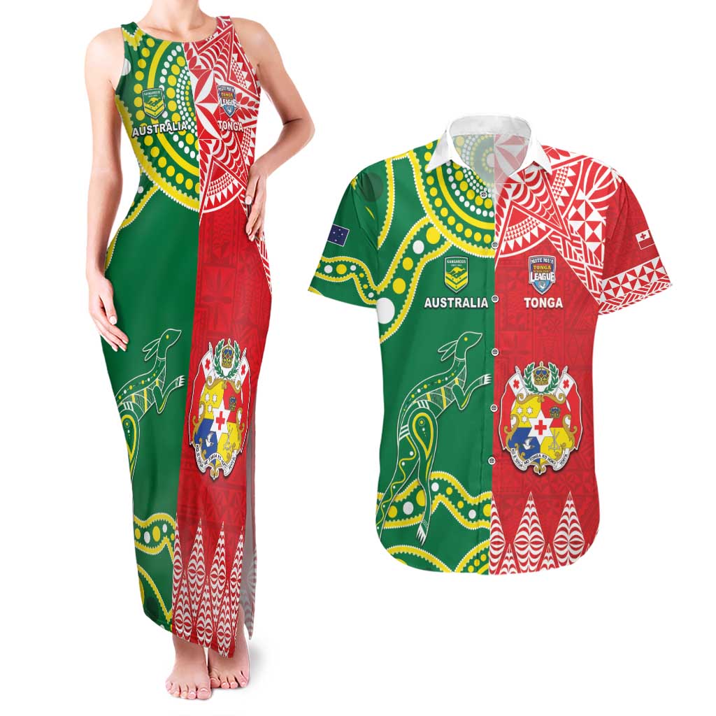 Custom Tonga XIII And Australia Kangaroos Couples Matching Tank Maxi Dress and Hawaiian Shirt Mate Maa Tongan Ngatu With Aboriginal