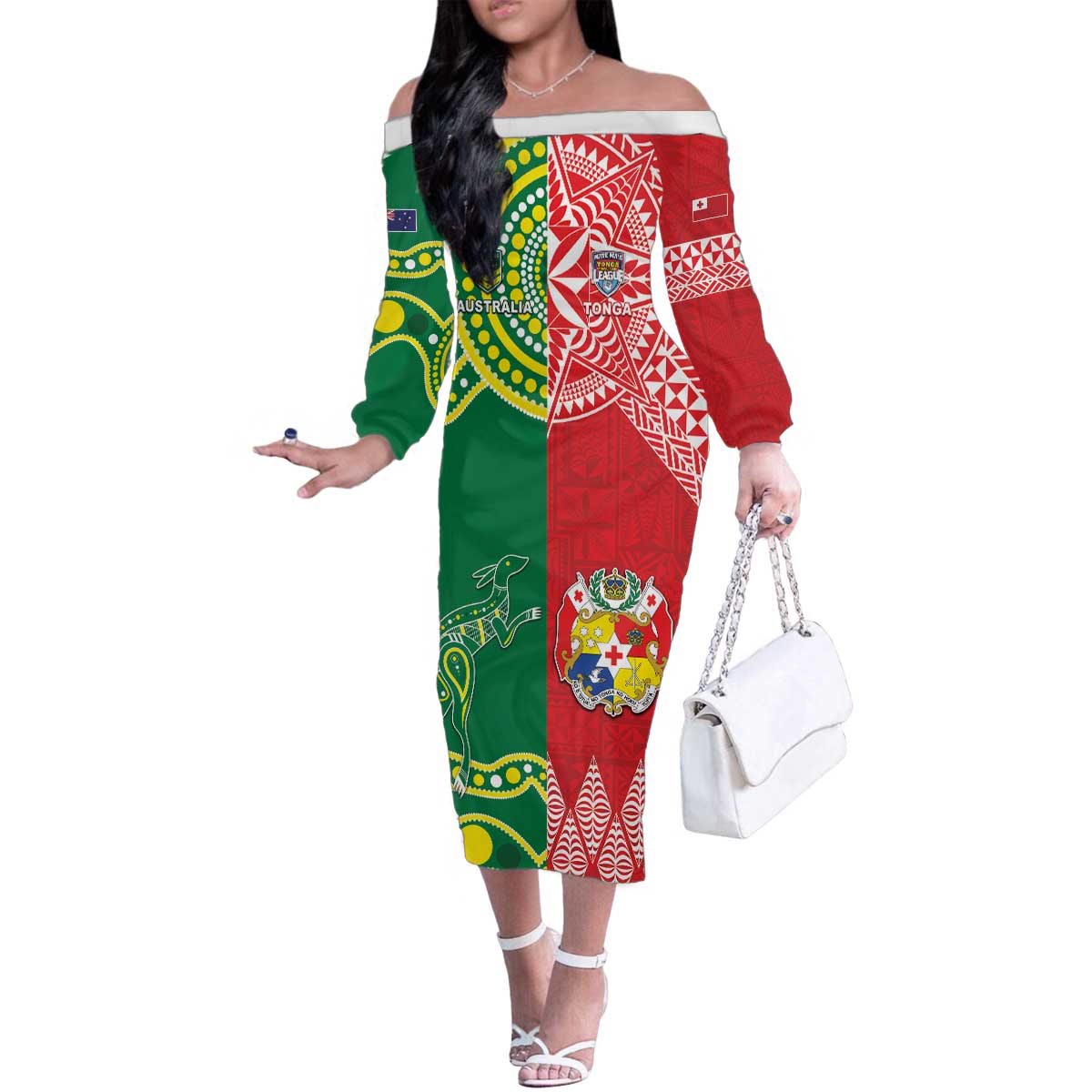 Custom Tonga XIII And Australia Kangaroos Family Matching Off The Shoulder Long Sleeve Dress and Hawaiian Shirt Mate Maa Tongan Ngatu With Aboriginal