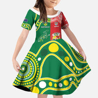 Custom Tonga XIII And Australia Kangaroos Family Matching Short Sleeve Bodycon Dress and Hawaiian Shirt Mate Maa Tongan Ngatu With Aboriginal LT05 Daughter's Dress Red - Polynesian Pride