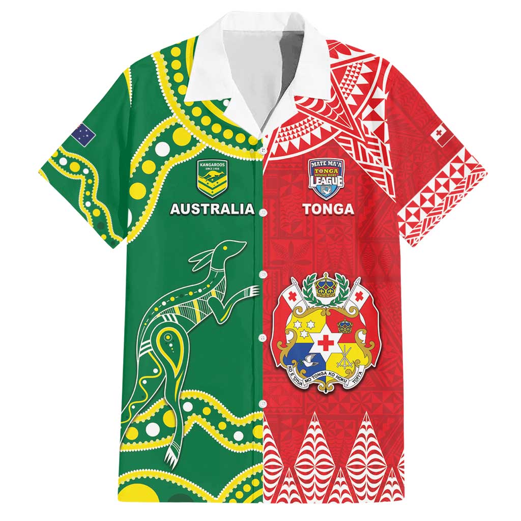 Custom Tonga XIII And Australia Kangaroos Family Matching Short Sleeve Bodycon Dress and Hawaiian Shirt Mate Maa Tongan Ngatu With Aboriginal LT05 Dad's Shirt - Short Sleeve Red - Polynesian Pride